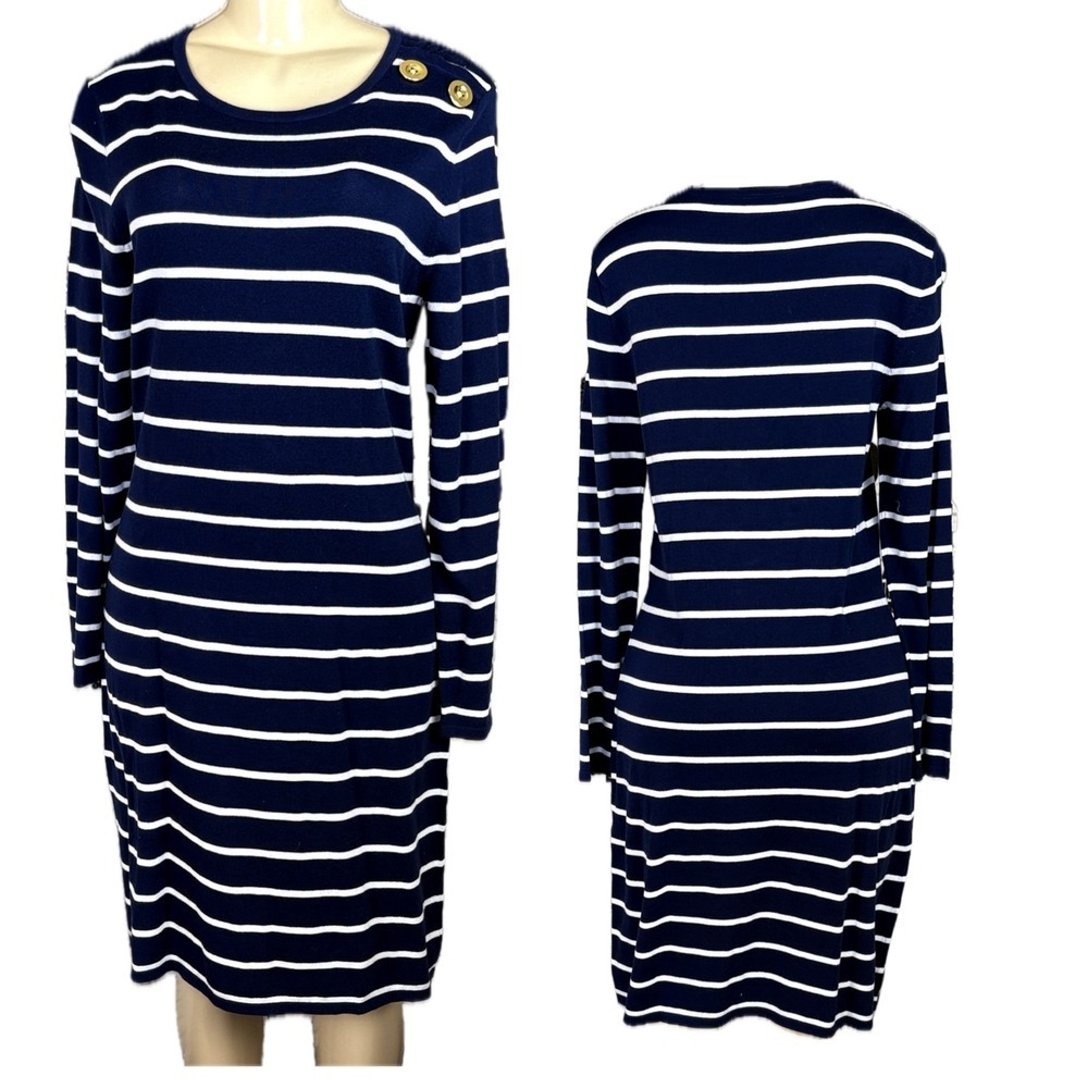 Sail to Sable M Navy White Striped Knit Dress Gold Shoulder Buttons Long Sleeve - Picture 1 of 6